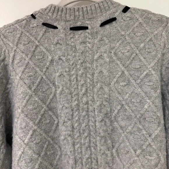WAYF Cable Knit Cardigan Women XL Grey Pearl Button Bow Accent | Coquette - Picture 4 of 8